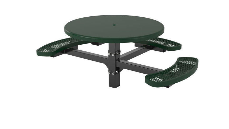 Picture of 46" Round Table, Solid Top, 3/4" #9 Expanded Metal, 3 Concave Seats, 4" Pedestal, In Ground Mt. 